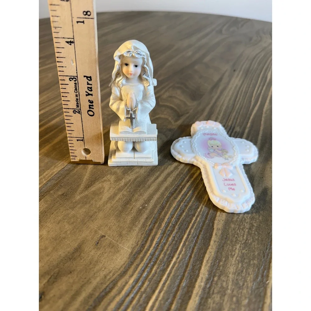 VTG Precious Moments Girl Figurine & Megan Baby Cross Set of 2 Religious